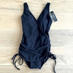 Nwt Carmen Marc Valvo Womens Mesh Overlay Side Tie One Piece Swimsuit Black - 6